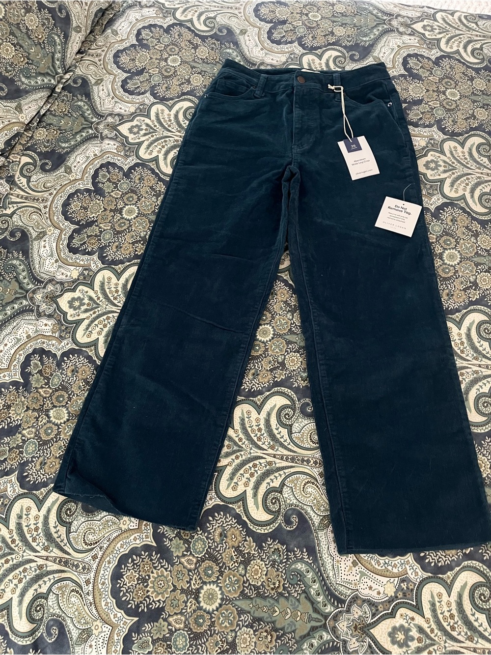 Wide-Leg Corduroy semi- cropped Jeans in Dark Teal - High-Rise Flare. 27” inseam